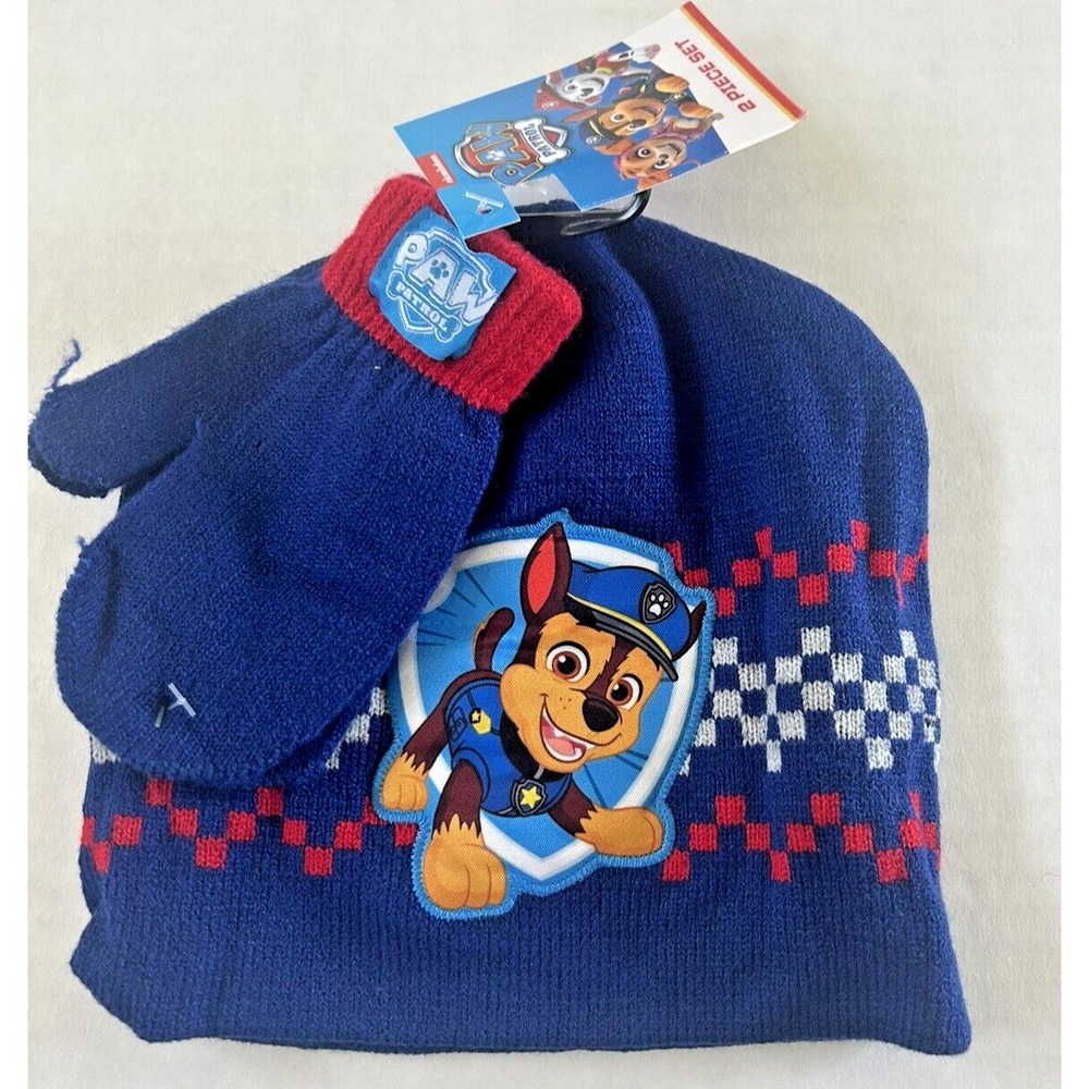 Paw Patrol Knit Hat Beanie & Mitten Set Kids Nickelodeon‎ New Blue Red BxW